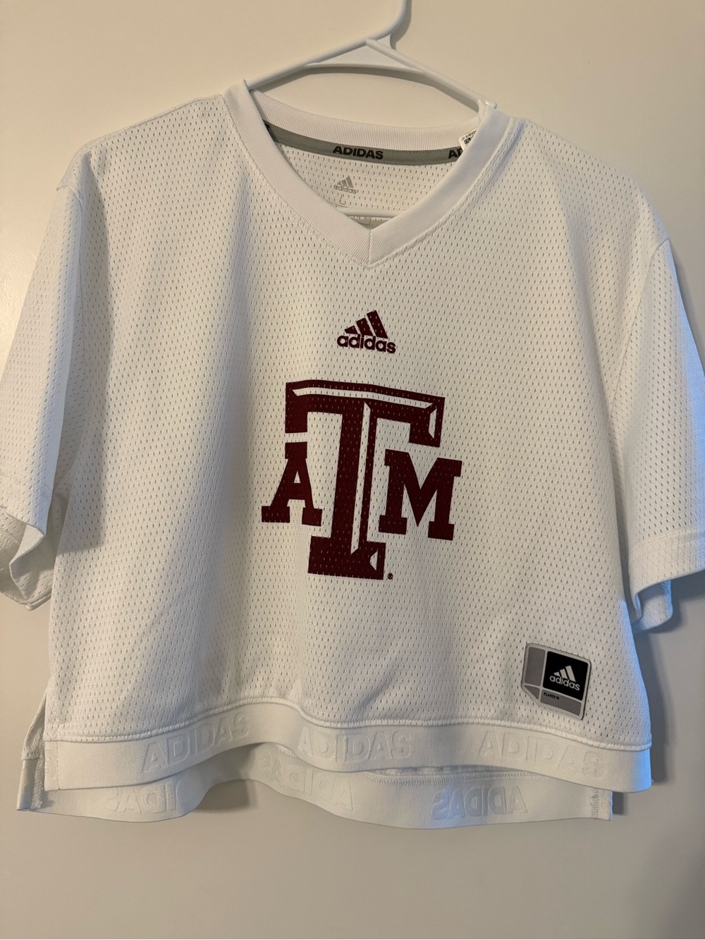 adidas White Short Sleeve Mesh Game Day Cropped Jersey with Maroon A&M Logo